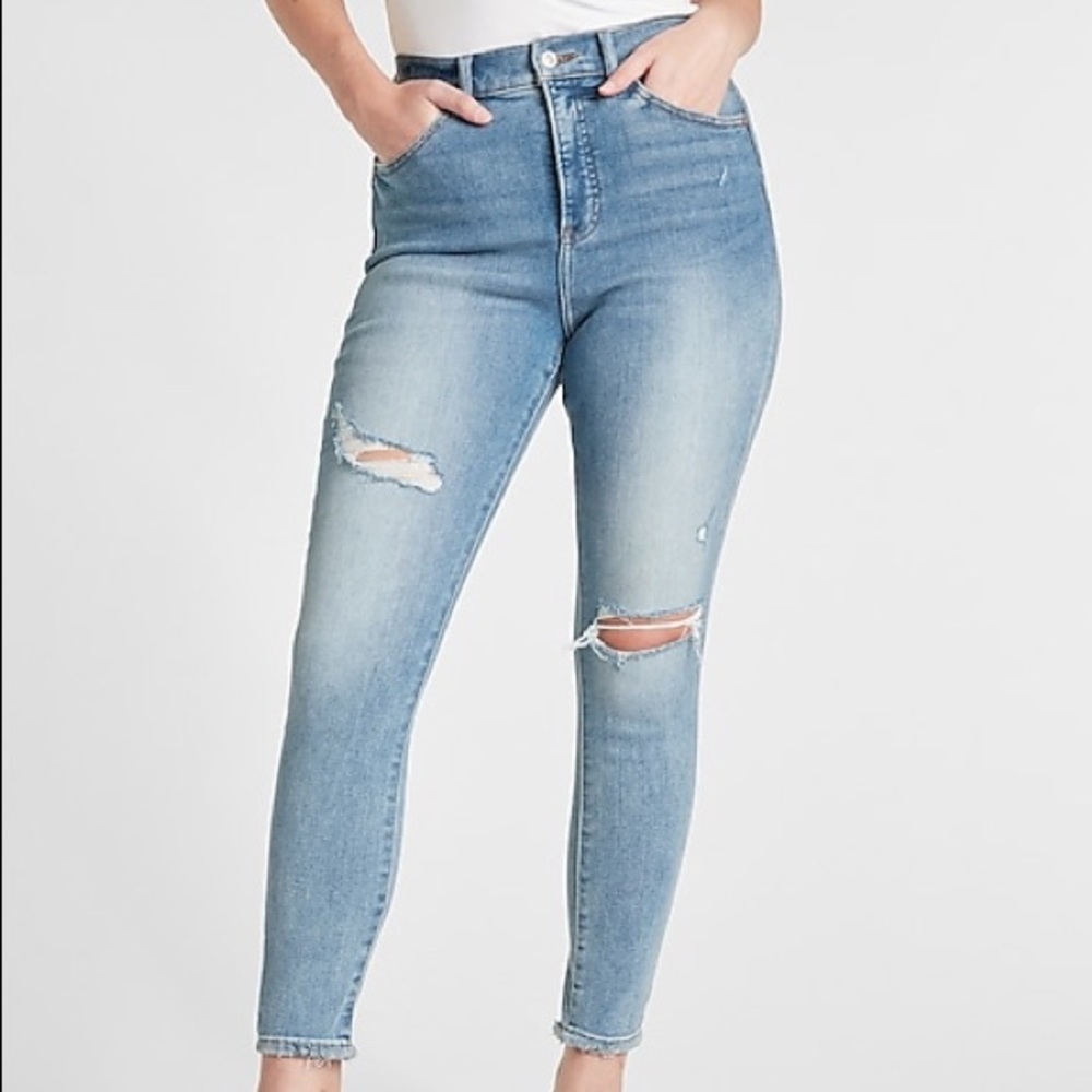 Express High Waisted Light Wash Ripped Skinny Jeans